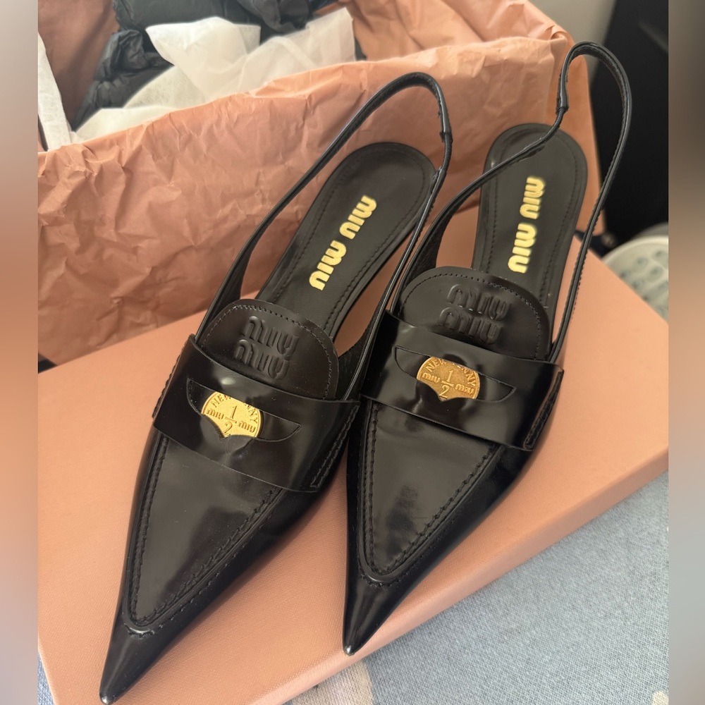 Miu Miu Slingback Leather Loafers heels size 37.5